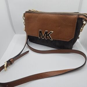 Michael Kors Brown & Black MK Logo Leather Crossbody